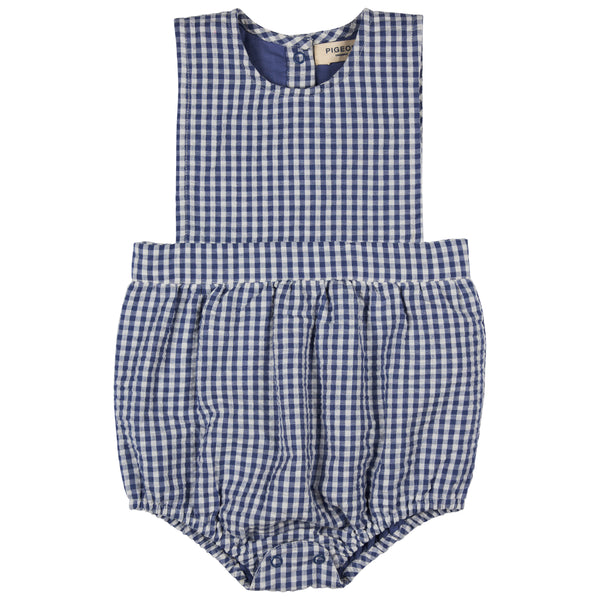 Bib Romper, Seersucker Check Dusty Blue