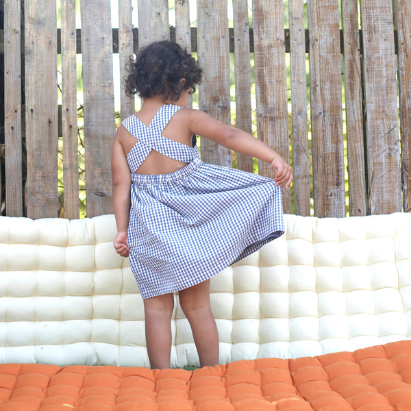 Cross-Back Dress, Seersucker Check/Dusty Blue