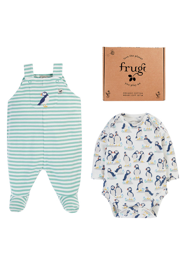 Footed Dungaree Baby Gift Set, Puffin Pals/Moss Stripe