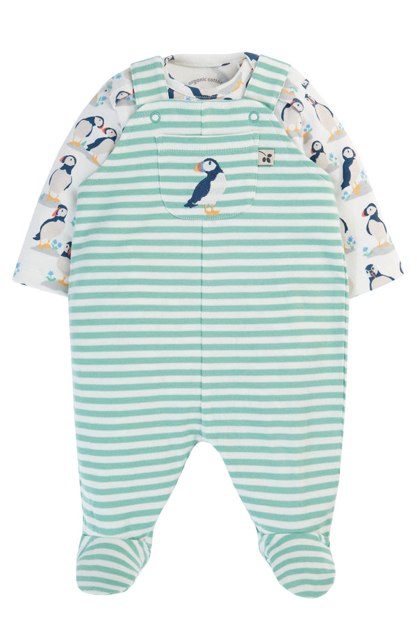 Footed Dungaree Baby Gift Set, Puffin Pals/Moss Stripe