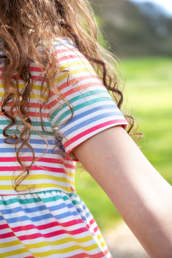 Lucy Dress, Cornflower Rainbow Stripe